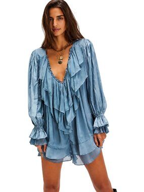 Free People Prairie Dust Blue Romper Size Extra Small New